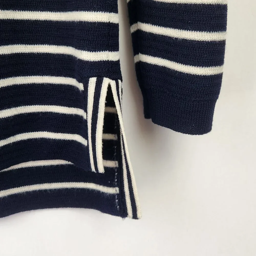 J. Crew 100% Merino Wool Navy White Stripes Embellished Crewneck Sweater sz XS